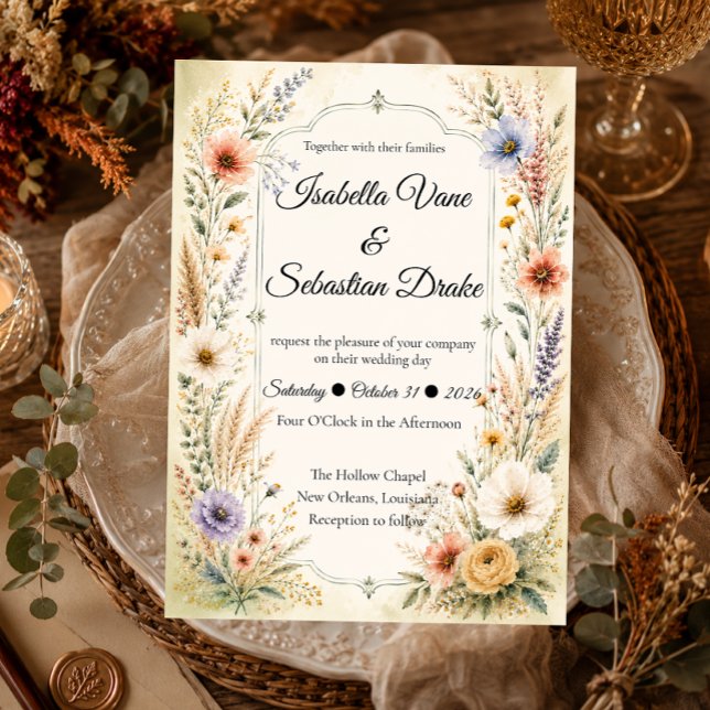 Convite Romance de Casamento com Flores Silvestres Pastel  (Criador carregado)