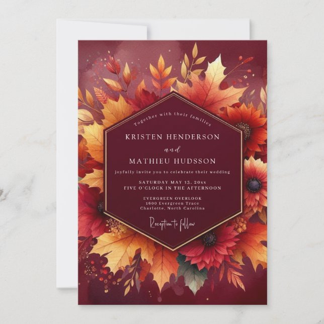 Convite Romance de Casamento com Folhagem Outonal Borgonha (Frente)