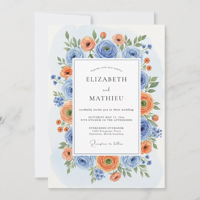 Convite Romance de Casamento Flor de Laranjeira Azul (Frente)