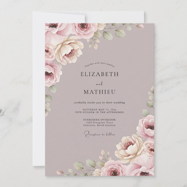 Convite Romance de Casamento Floral Macio Bege (Frente)