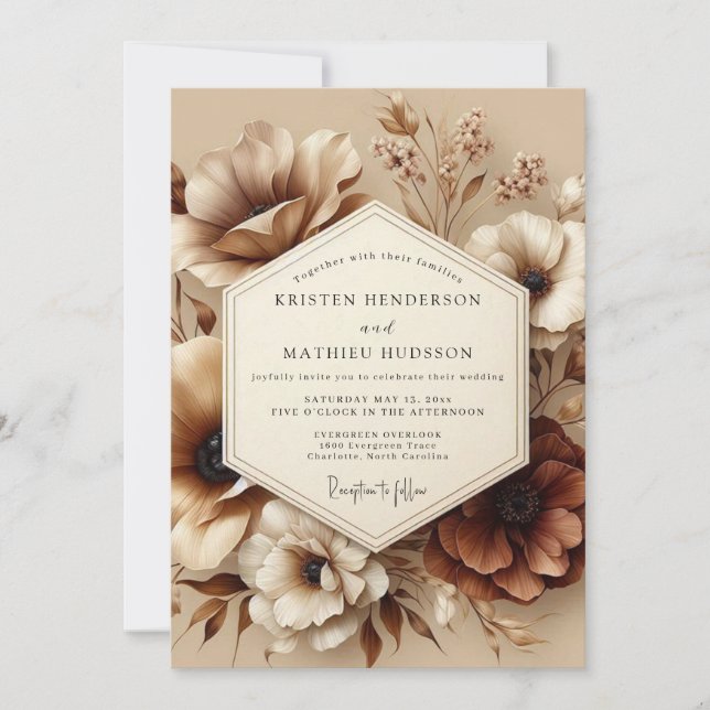 Convite Romance de Casamento Outono Flor de Sépia (Frente)