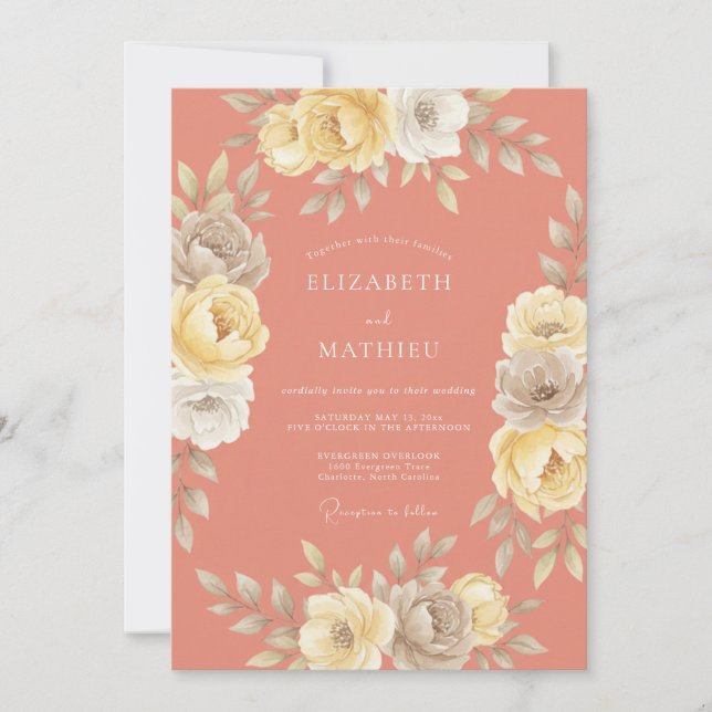 Convite Romance Floral Casamento Coral Blush (Frente)