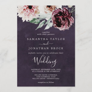Convite Romance Floral Casamento de ameixa