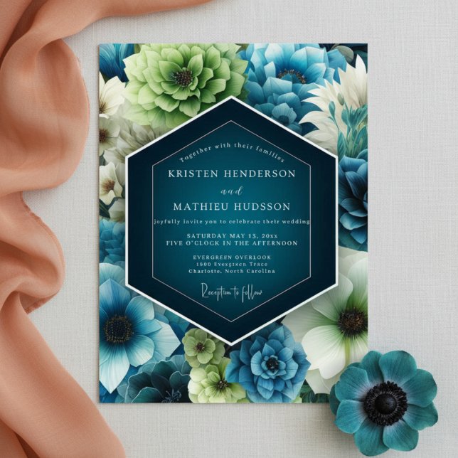Convite Romance Floral Casamento Flor Teal (Criador carregado)