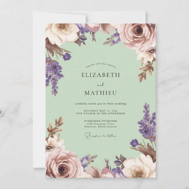 Convite Romance Floral Casamento Lavanda Rubor (Frente)