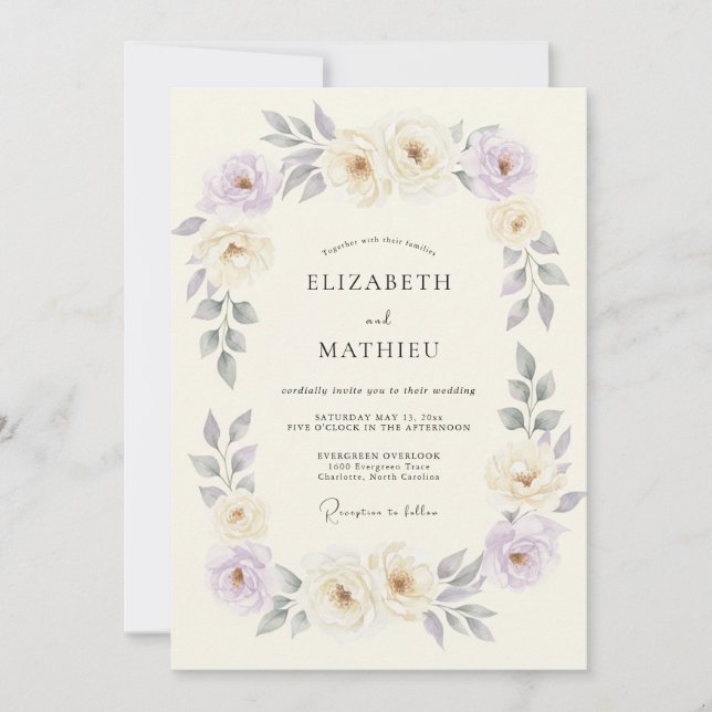 Convite Romance Floral de Lavanda Creme Casamento (Frente)