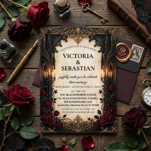 Convite Romance Gótico Dark Academia & Rosas Vermelhas Cas