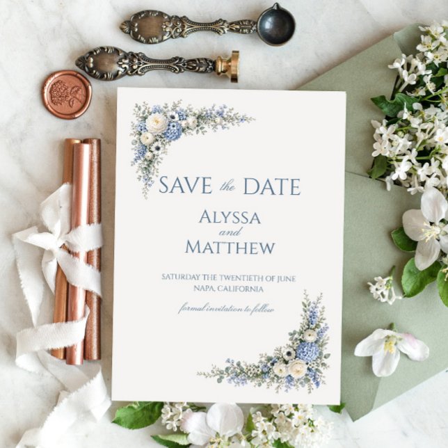 Convite Romance na Vila Dusty Blue Save the Date (Criador carregado)