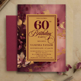Convite Romantic 60th Birthday Burgundy Floral Gold Invite