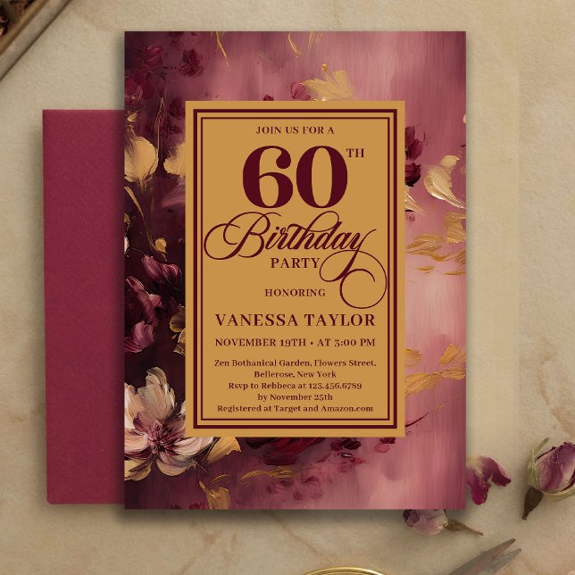 Convite Romantic 60th Birthday Burgundy Floral Gold Invite (Romantic 60th Birthday Burgundy Floral Gold Invitation)