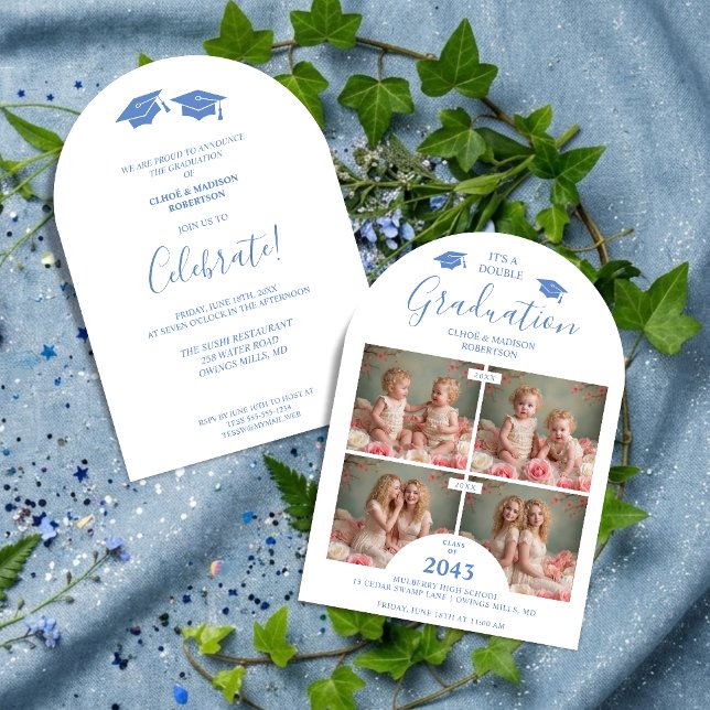 Convite Romantic Blue 4-Photo Double Twins Grads TMF26 (Romantic Blue 4-Photo Double Twins Graduation Then & Now Whimsical Modern Calligraphy Invitation.)