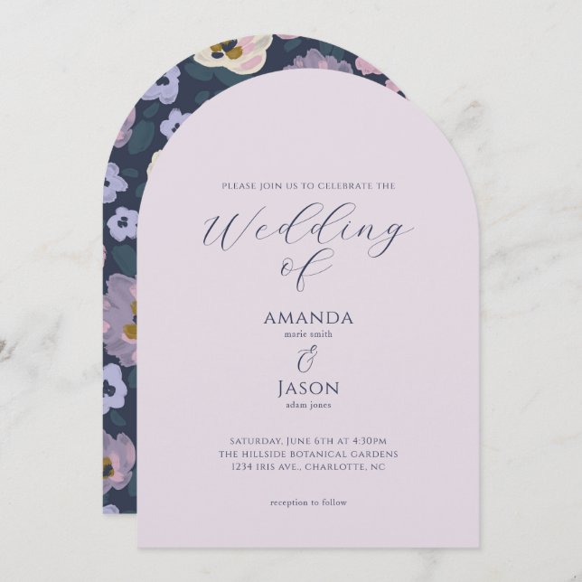 Convite Romantic blue and purple floral garden wedding (Frente/Verso)