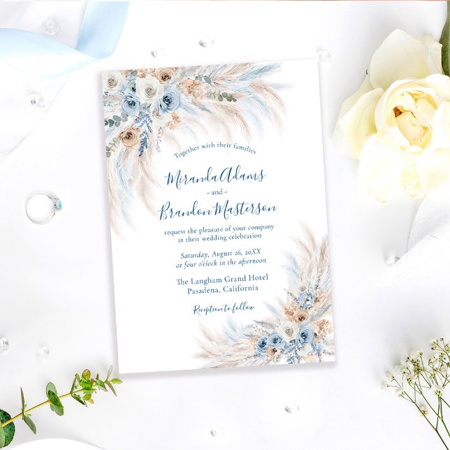 Convite Romantic Blue Calligraphy Floral Boho Wedding (Criador carregado)