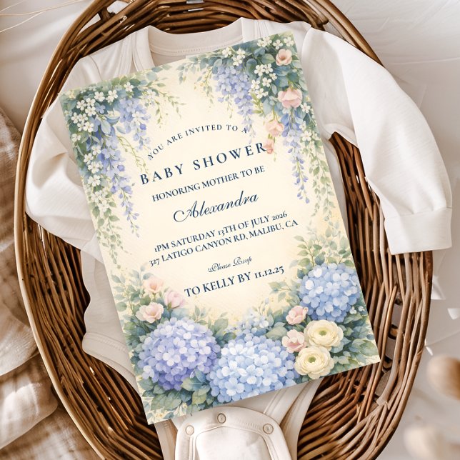 Convite Romantic Blue Hydrangea Garden Baby Shower (Criador carregado)
