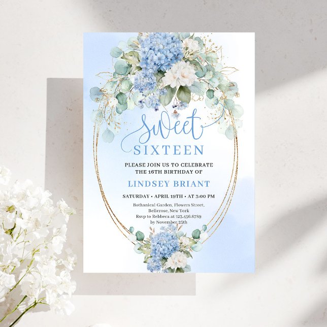 Convite Romantic Blue Hydrangea Sweet Sixteen Invitation (Romantic Blue Hydrangea Sweet Sixteen Invitation)