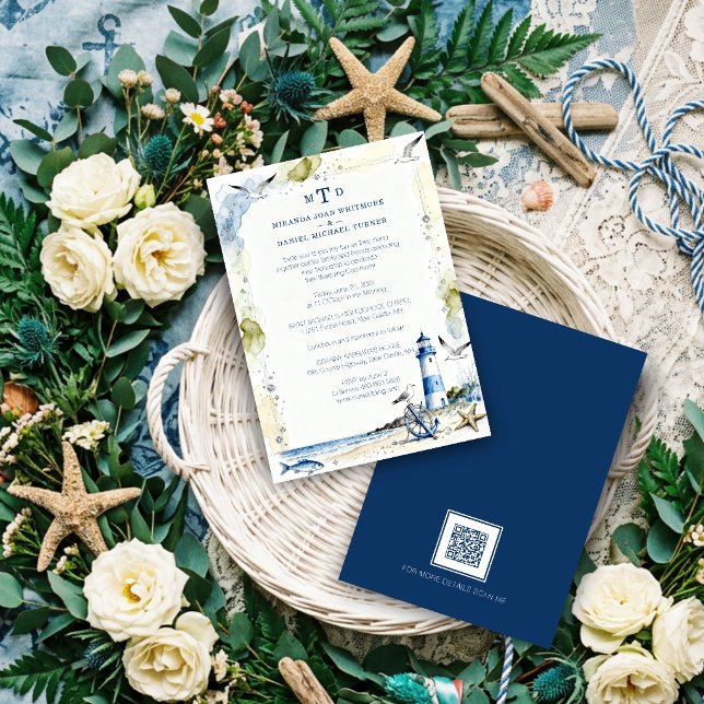 Convite Romantic Blue Nautical Lighthouse Coastal Wedding (Romantic Blue Nautical Lighthouse & Coastal Wedding Beach Shore Marine Theme Invitation. )