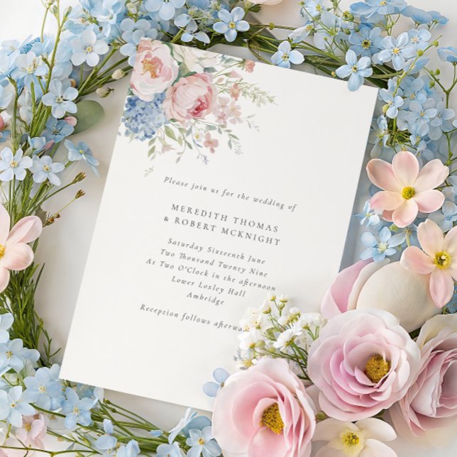 Convite Romantic Blue & Pink Pastel Floral Wedding (Criador carregado)