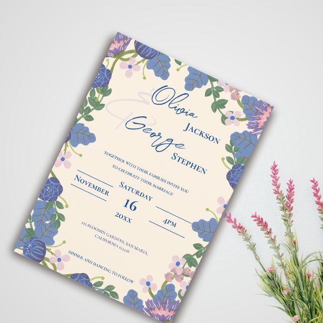 Convite Romantic Blue & Purple Florals Garden Wedding (Romantic Blue & Purple Florals Garden Wedding Invitation)