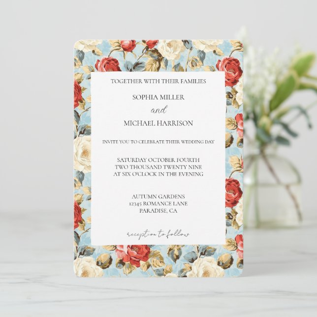 Convite Romantic Blue Red Cream Roses Floral Wedding (Em pé/Frente)