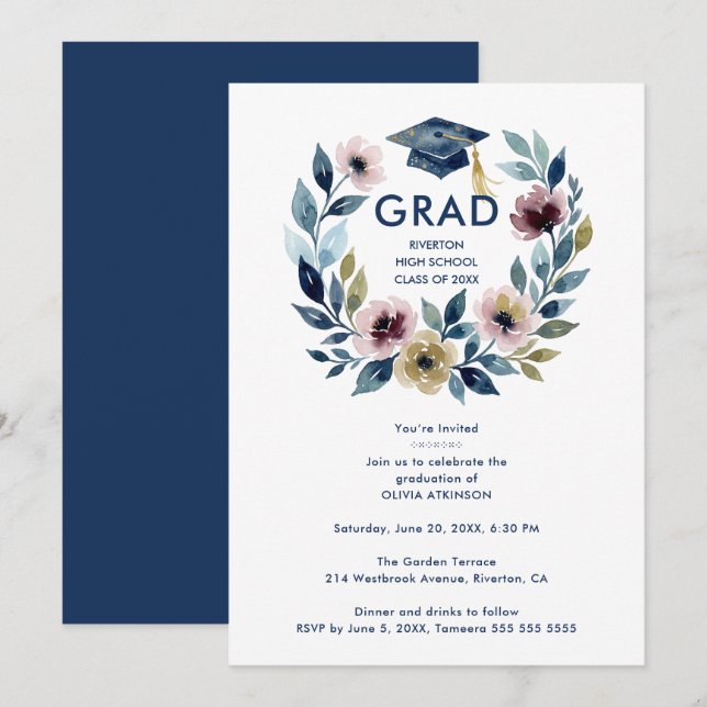Convite Romantic Blue Shades Floral Wreath Graduation (Frente/Verso)