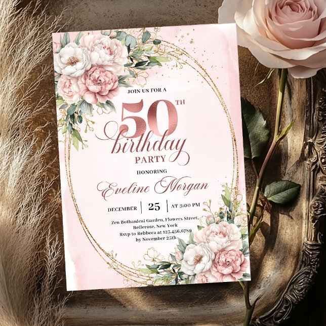 Convite Romantic Blush Eucalyptus 50th Birthday Invitation (Romantic Blush Eucalyptus 50th Birthday Invitation)