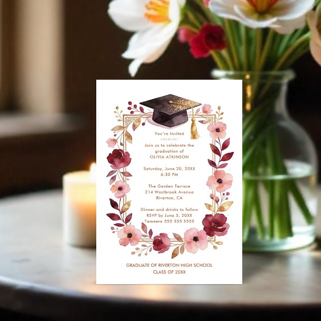 Convite Romantic Blush Pink and Burgundy Graduation (Romantic Blush Pink and Burgundy Floral Frame Graduation Party Invitation Cards.)