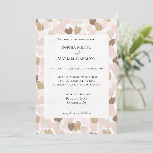Convite Romantic Blush Pink Brown Cream Hearts Wedding (Em pé/Frente)