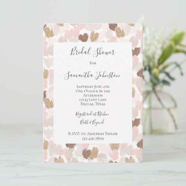 Convite Romantic Blush Pink Brown Hearts Bridal Shower (Em pé/Frente)