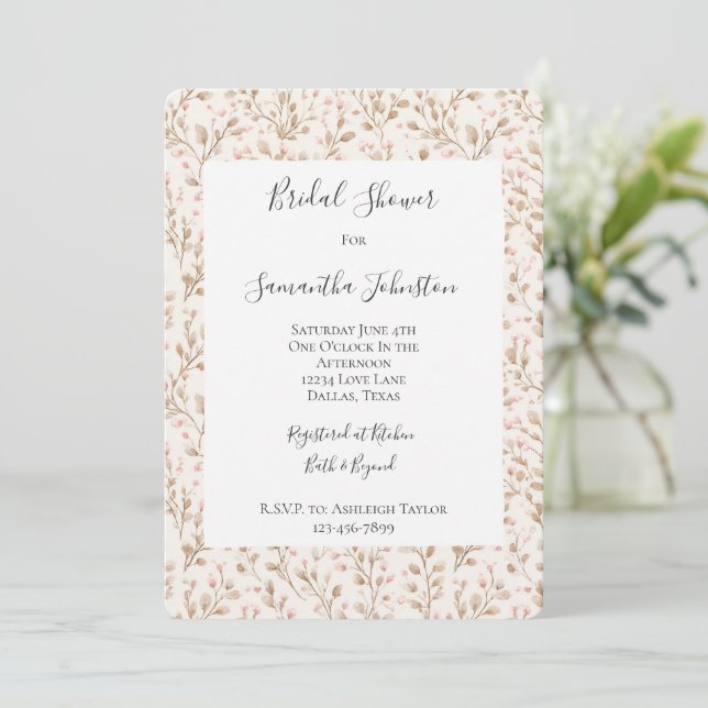 Convite Romantic Blush Pink Cream Floral Bridal Shower (Em pé/Frente)