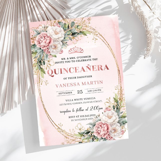 Convite Romantic Blush Pink Floral Greenery Quinceañera (Romantic Blush Pink Floral Greenery Quinceañera)