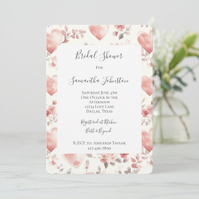 Convite Romantic Blush Pink Hearts Floral Bridal Shower (Em pé/Frente)