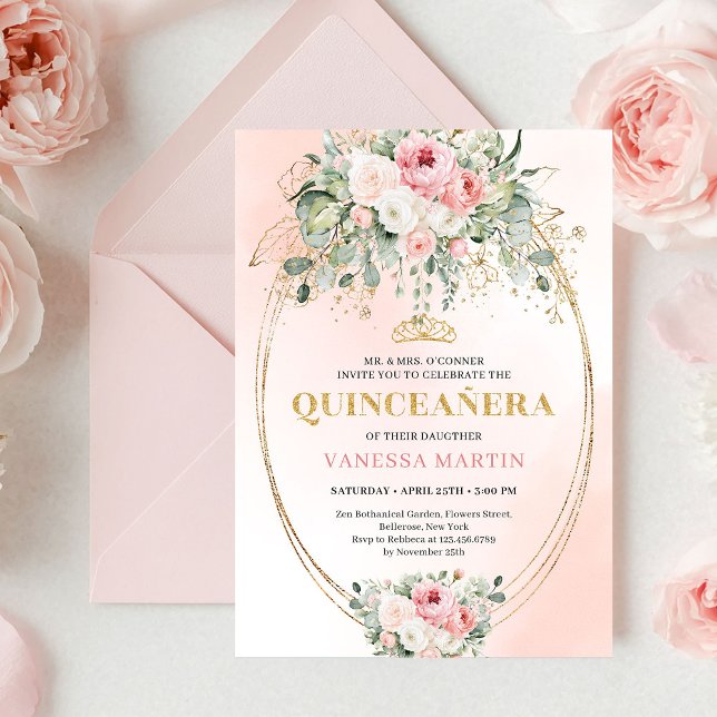 Convite Romantic Blush Roses Bohemian Quinceañera Invite (Romantic Blush Roses Bohemian Quinceañera Invitation)
