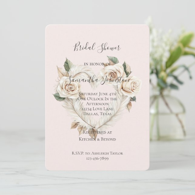 Convite Romantic Blush Roses Feathers Heart Bridal Shower (Em pé/Frente)