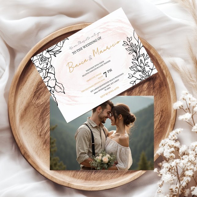 Convite Romantic Blush with Black Florals and Photo Back (Romantic Blush with Black Florals and Photo Back Invitation)