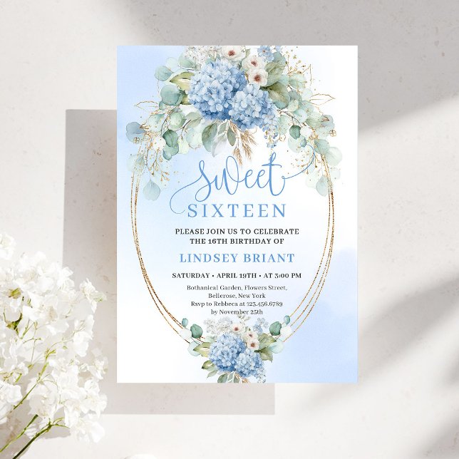 Convite Romantic Bohemian Blue Floral Sweet 16 Invitation (Romantic Bohemian Blue Floral Sweet 16 Invitation)