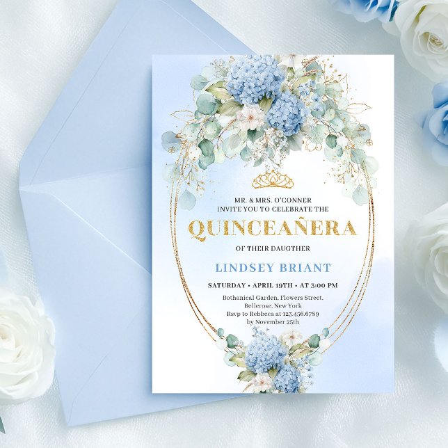 Convite Romantic Bohemian Blue Hydrangeas Quince Invite (Romantic Bohemian Blue Hydrangeas Quince Invite)