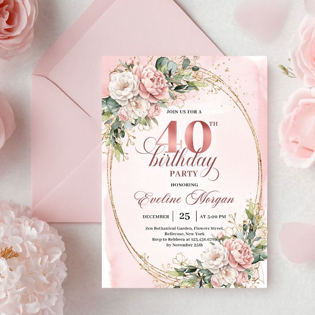 Convite Romantic Bohemian Blush Floral Gold 40th Birthday (Romantic Bohemian Blush Floral 40th Birthday Invitation)