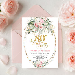 Convite Romantic Bohemian Blush Floral Gold 80th Birthday