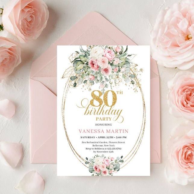 Convite Romantic Bohemian Blush Floral Gold 80th Birthday (Romantic Bohemian Blush Floral Gold 80th Birthday)