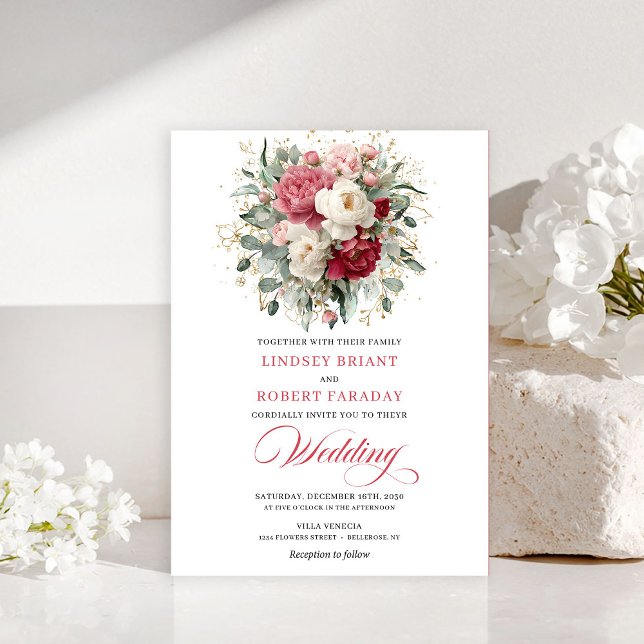 Convite Romantic Bohemian Crimson Red White Gold Invites (Romantic Bohemian Crimson Red White Gold Invitation)