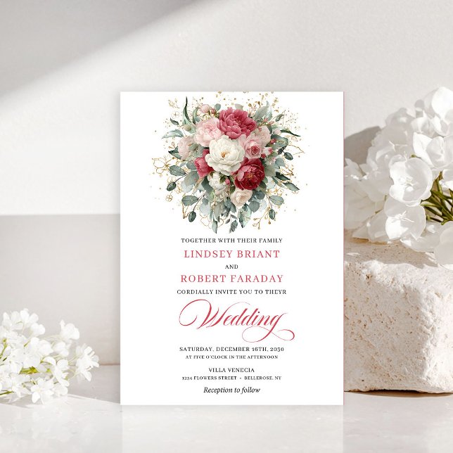Convite Romantic Bohemian Red White Greenery Gold Wedding (Timeless Boho Blush White Gold Floral Wedding Invitation)