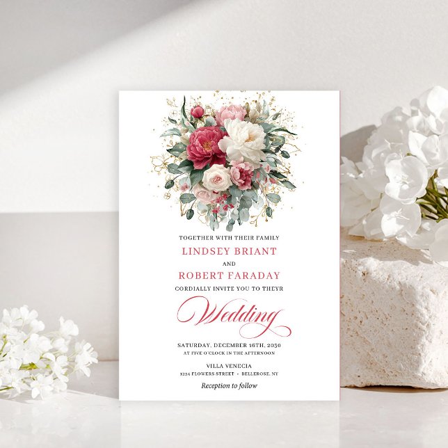 Convite Romantic Bohemian Ruby Red White Greenery Invite (Romantic Bohemian Ruby Red White Greenery Invitation)