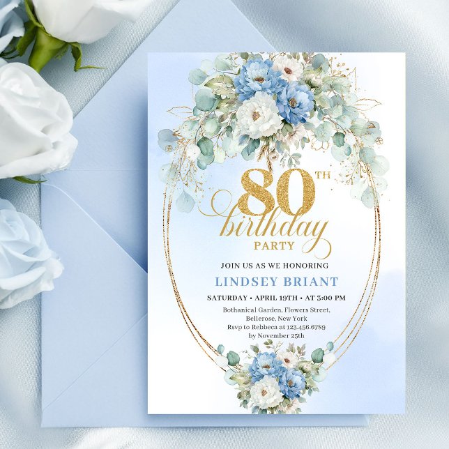 Convite Romantic Boho Blue Peonies Gold 80th Birthday (Romantic Boho Blue Peonies Gold 80th Birthday Invitation)