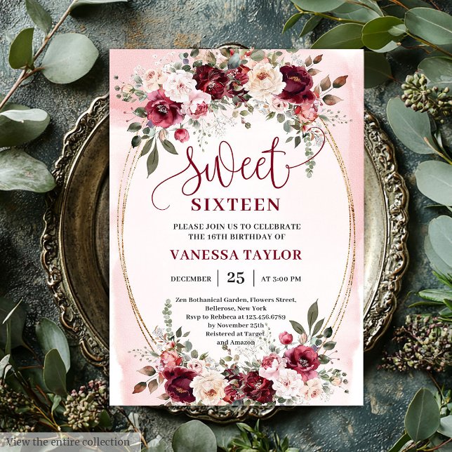 Convite Romantic Boho Burgundy Blush Floral Sweet Sixteen (Romantic Burgundy Blush Floral Sweet Sixteen Invite

)