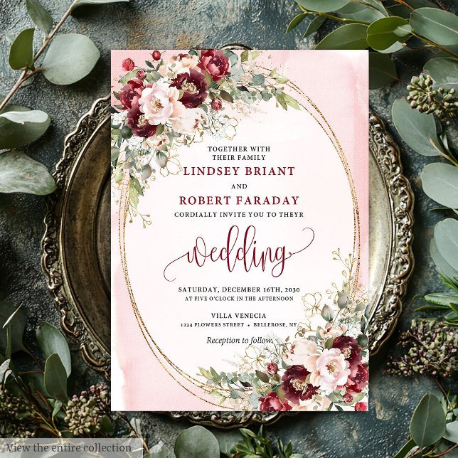Convite Romantic Boho Burgundy Blush Gold Floral Invite (Romantic Boho Burgundy Blush Gold Floral Invite)