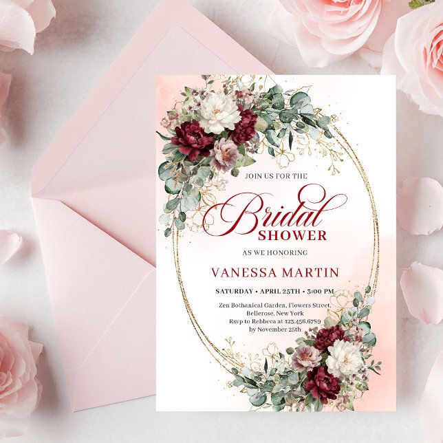 Convite Romantic Boho Burgundy Greenery Gold Bridal Shower (Romantic Burgundy Greenery Gold Bridal Shower Invite)