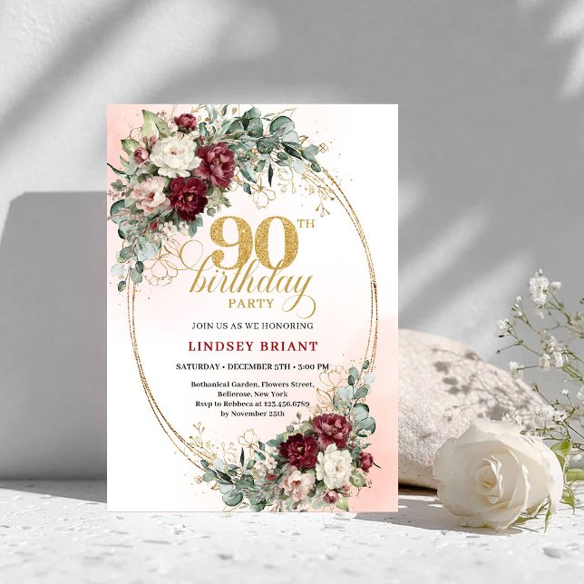 Convite Romantic Boho Deep Red Flowers Gold 90th Birthday (Romantic Deep Red Flowers Gold 90th Birthday Invite)
