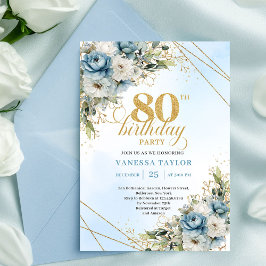 Convite Romantic Boho Dusty Blue Floral Gold 80th Birthday