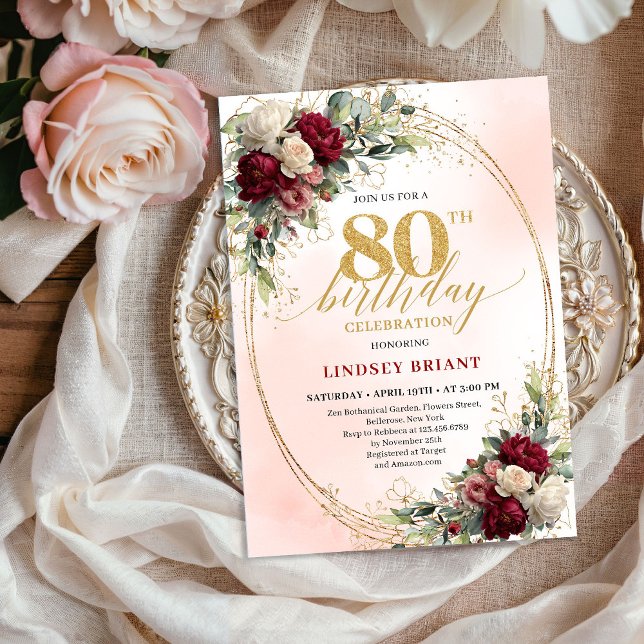 Convite Romantic Boho Floral 80th Birthday Celebration  (Romantic Boho Floral 80th Birthday Celebration Invite)