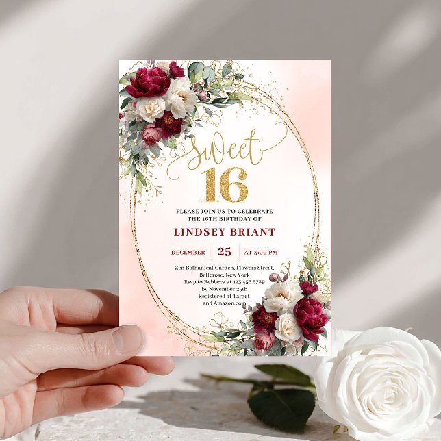 Convite Romantic Boho Merlot Gold Floral Sweet Sixteen  (Romantic Boho Merlot Gold Floral Sweet Sixteen Invite)